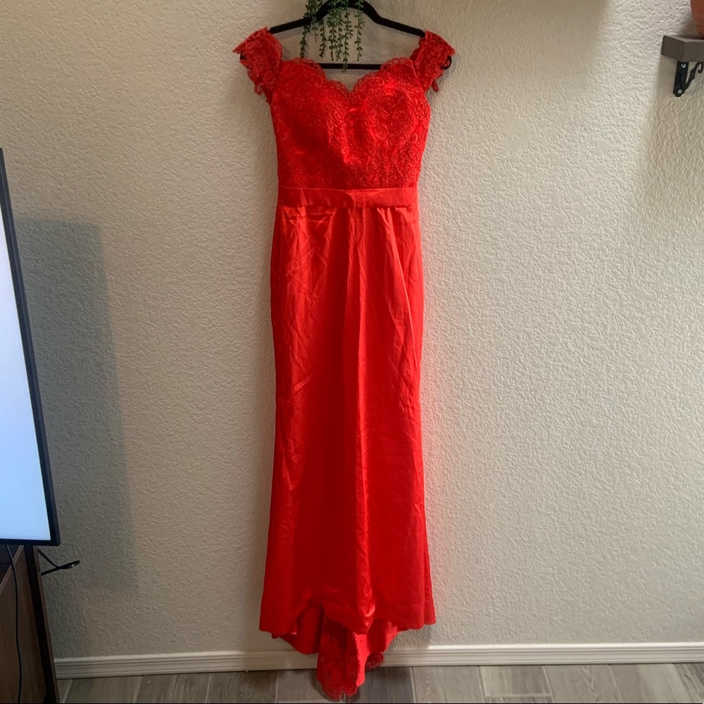 Evening Gown- Beautiful Red, Satin & Lace, Custom Made.